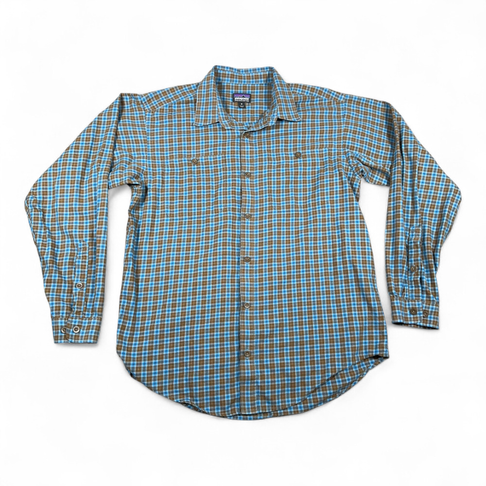 Patagonia Shirt Adult MEDIUM Blue Green Plaid Flannel Organic Cotton Outdoor
